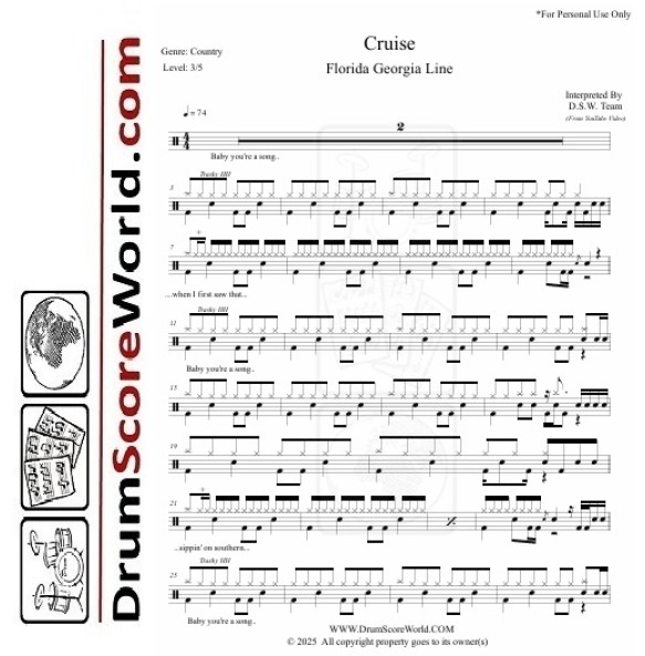 Florida Georgia Line - Cruise - Drum Sheet Music